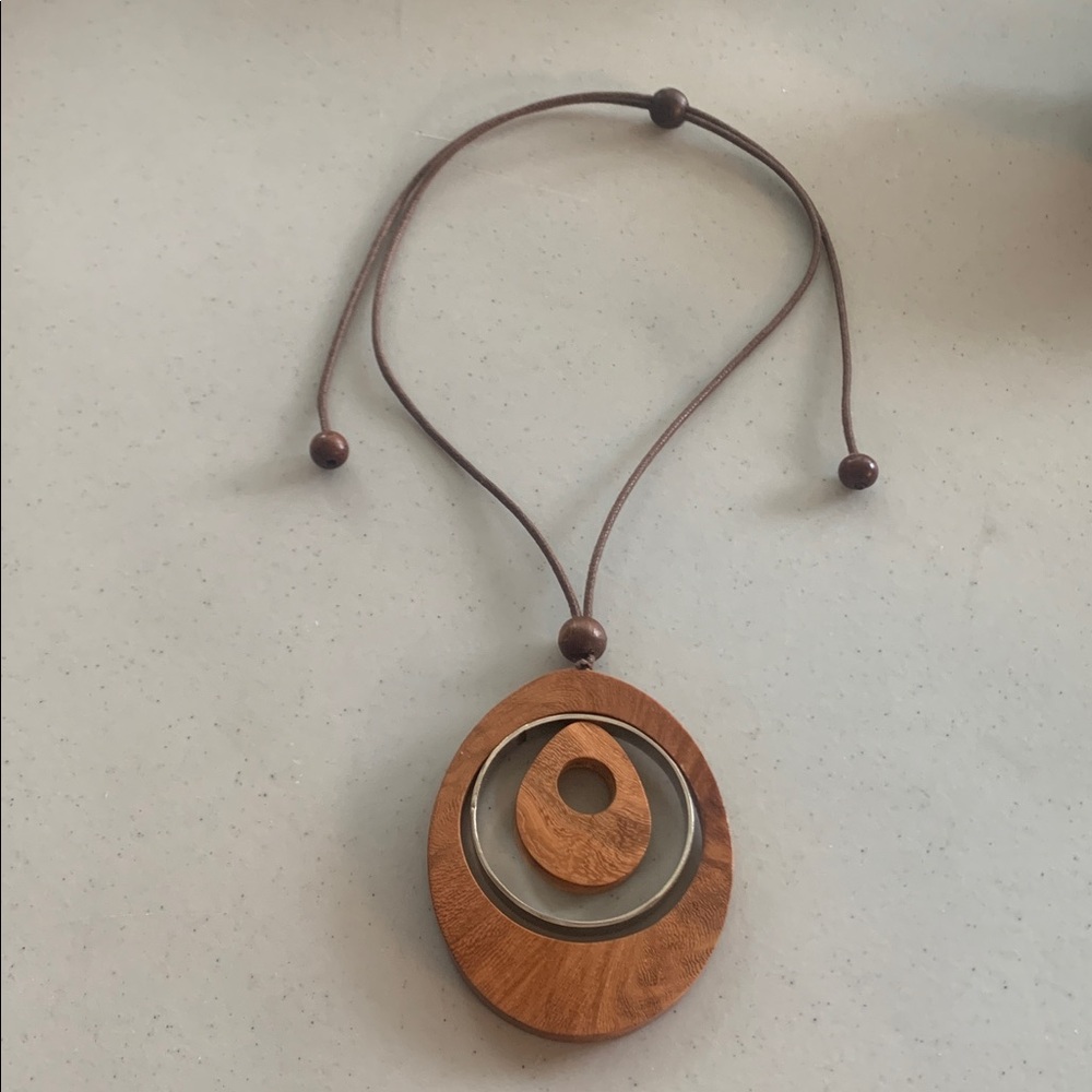 Wooden Pendant Necklace with Brown Cord